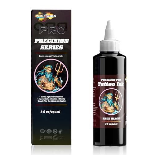 POSEIDON Professional Black Tattoo Ink - 8 fl oz (240ml) Bottle - Intense Vegan Professional Grade Ink for Real Skin Outlining Shading & Packing Tattoo Supplies for Artists & Beginners