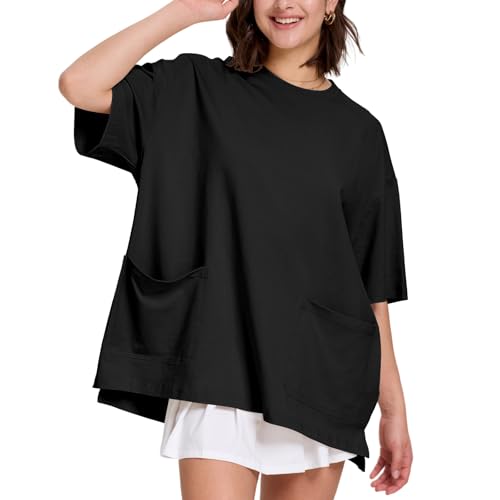 FAIABLE Womens Oversized T Shirts with Pockets, Cotton Shirt Fashion Loose Fit Crewneck Short Sleeve Top Side Slit Tee Summer