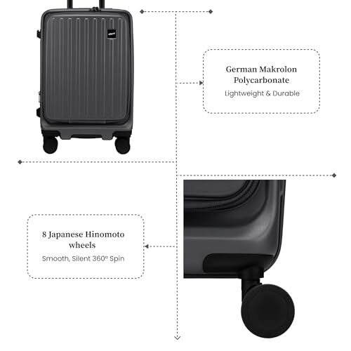 Image of F Gear Montreal Small Cabin Pro 54cm German Polycarbonate Hard Luggage |8 Japanese Hinomoto Silent Wheels|USB & Type-C Charging | Front Opening Suitcase for Travel (Steel Grey)