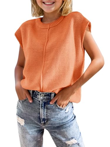 Girls Summer Cap Sleeve Tops Cute Casual Crew Neck Loose Knit Lightweight Teen Sweaters Fashion Pullover Top Orange, 9-10 Years