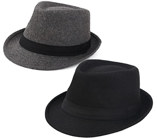 Melesh Unisex Classic Trilby Fedora Hat, Black+Grey, 7-7 3/8