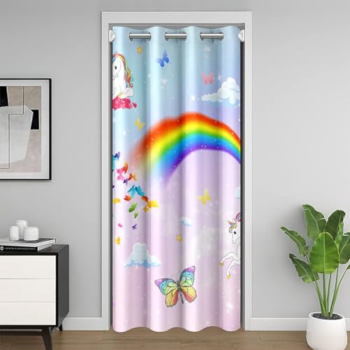 Cortina de puerta colorida arcoíris para privacidad, diseño de dibujos animados, unicornio, mariposa, corazones, oscurecimiento de habitación, 1 panel, 42 pulgadas de ancho x 80 pulgadas de largo,