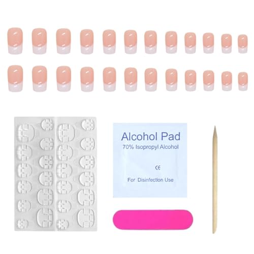 FMYODWU 24 Piezas Cortas Cuadradas Brillantes Uñas Postizas Francesas, Uñas Postizas Francesas Elegantes, Fáciles de Presionar, Adhesivo de Cobertura Total con Kit de Herramientas para Uñas