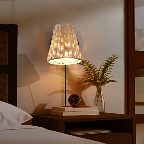 Image of Boho Plug in Wall Sconces with On /Off Switch Cord for Bedroom, Black Rattan Wicker Wall Lamp with Plug in Cord Rotatable Japanese Waven Reading Light Wall Mounted Fixtures for Loft, Living Room