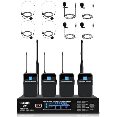 MIZISNR 4 Channel Wireless Lapel Microphone, Set of 4 Headset & Lavalier Mics with 4x50 Adjustable Frequency UHF Metal Receiver, 300ft Range Microphone System for Church, Karaoke, Preaching, Wedding