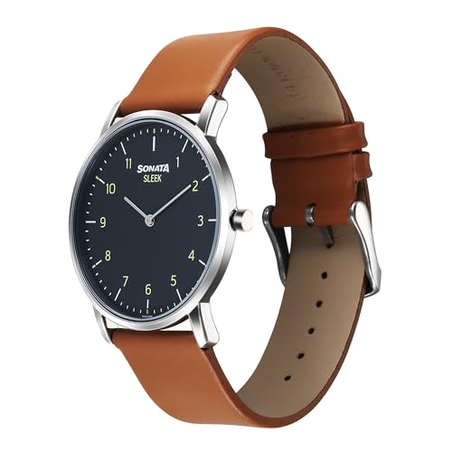 Image of Sonata Sleek Quartz Analog Grey Dial Tan Leather Strap Watch for Men
