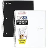 Five Star Spiral Notebooks, 5 Subject, College Ruled Paper, 200 Sheets, 11 x 8-1/2 inches, Black, White, 2 Pack (73035)