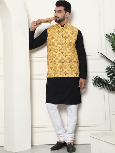 Image of SOJANYA (Since 1958 Men's Cotton Linen Maroon Kurta and White Pyjama with Mustard Cotton Nehru Jacket