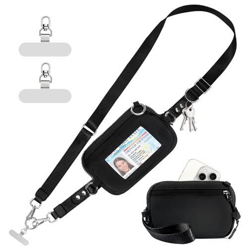 Tiostep Clip and Go Strap for Phone with Wallet Crossbody Phone Lanyard Adjustable and Detachable RFID Wristlet Wallet with ID Window and Zipper Black(L)