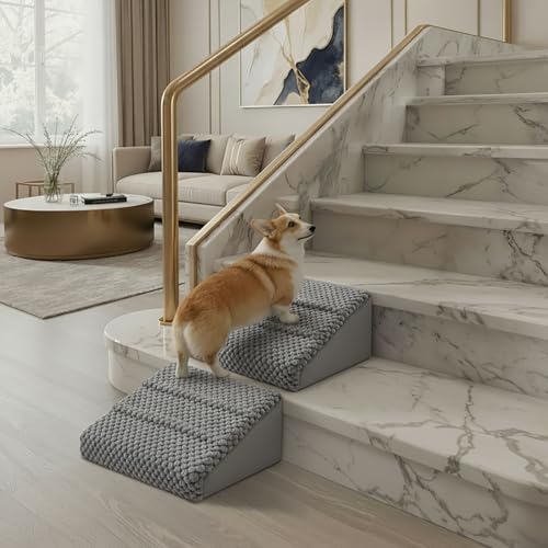 Dog Ramp for Stairs - Dog Steps-Anti-Slip Foam Stair Wedges for Small & Senior Dogs Gentle Slope Pet Steps with Washable Corduroy Cover Self-Sticky Pads for Safe Climbing (Gray 2-Pack)