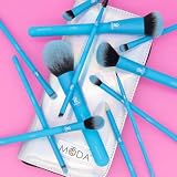MODA Totally Electric 13-częściowy zestaw pędzli do makijażu pełnotwarzowego, zawiera – puder, cera, róż, cieniowanie, rozmazanie i zagniecenia z etui na zamek błyskawiczny (neonowy niebieski)
