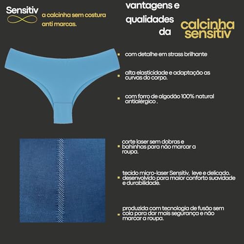 Kit com 10 Calcinhas Tanga Sem Costura, Corte a Laser (BR, Alfa, P, Regular, cores sortidas)