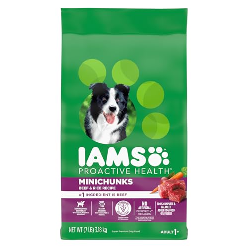 IAMS Proactive Health Minichunks Dry Dog Food – Crunchy Kibble for Adult Dogs – Beef & Rice Recipe – 3.18KG (7LB) Bag