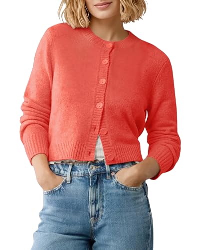 Mujeres Acogedor Manga Larga Frente Abierto Corto Cárdigan Slim Fit Cuello Redondo Button Down Punto Cardigan(M, Rojo Coral)