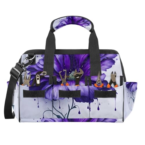 15 Inch Tool Bag 14-Pockets Tool Box Organizer for Men Big Floral Purple Tool Tote Bag Waterproof Toolbox with Shoulder Strap Heavy Duty Garden Tool Organizer for Mechanic