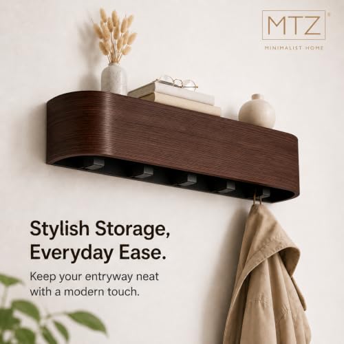 MTZ Solid Wood Wall Mounted Coat Rack with Shelf & 5 Hidden Hooks (Walnut) by MTZ - Used condition - Image 3
