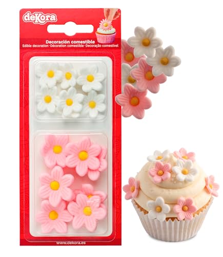 Dekora - Caja de Flores de Azucar con 7 Margaritas Blancas y 7 Margaritas Rosas - Figuras Comestibles para Tartas - Decoracion Tarta Cumpleaños de Azúcar