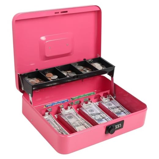 Cash Box with Money Tray and Combination Lock, Parrency Large Money Box, 5 Compartments with Cover for Cions & 4 Spring-Loaded Clips for Bills, 11 4/5" x 9 2/5" x 3 1/2", Pink