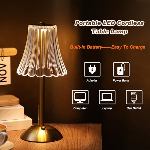 Image of Liliful 4 Pcs Cordless Table Lamp Rechargeable Touch LED Small Gold Portable Battery Operated USB-c Desk Lamp 3 Color Dimmable for Bedroom Living Room Dining (Gold,Rose Style)