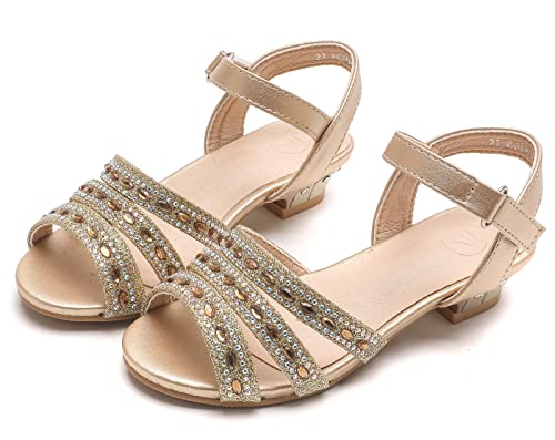 Dadawen Girls Low Heels Dress Open Toe Strappy Glitter Rhinestone Sandals For Girls (Toddler/Little Kid/Big Kid) Gold Us Size 2 M Little Kid #TOP27