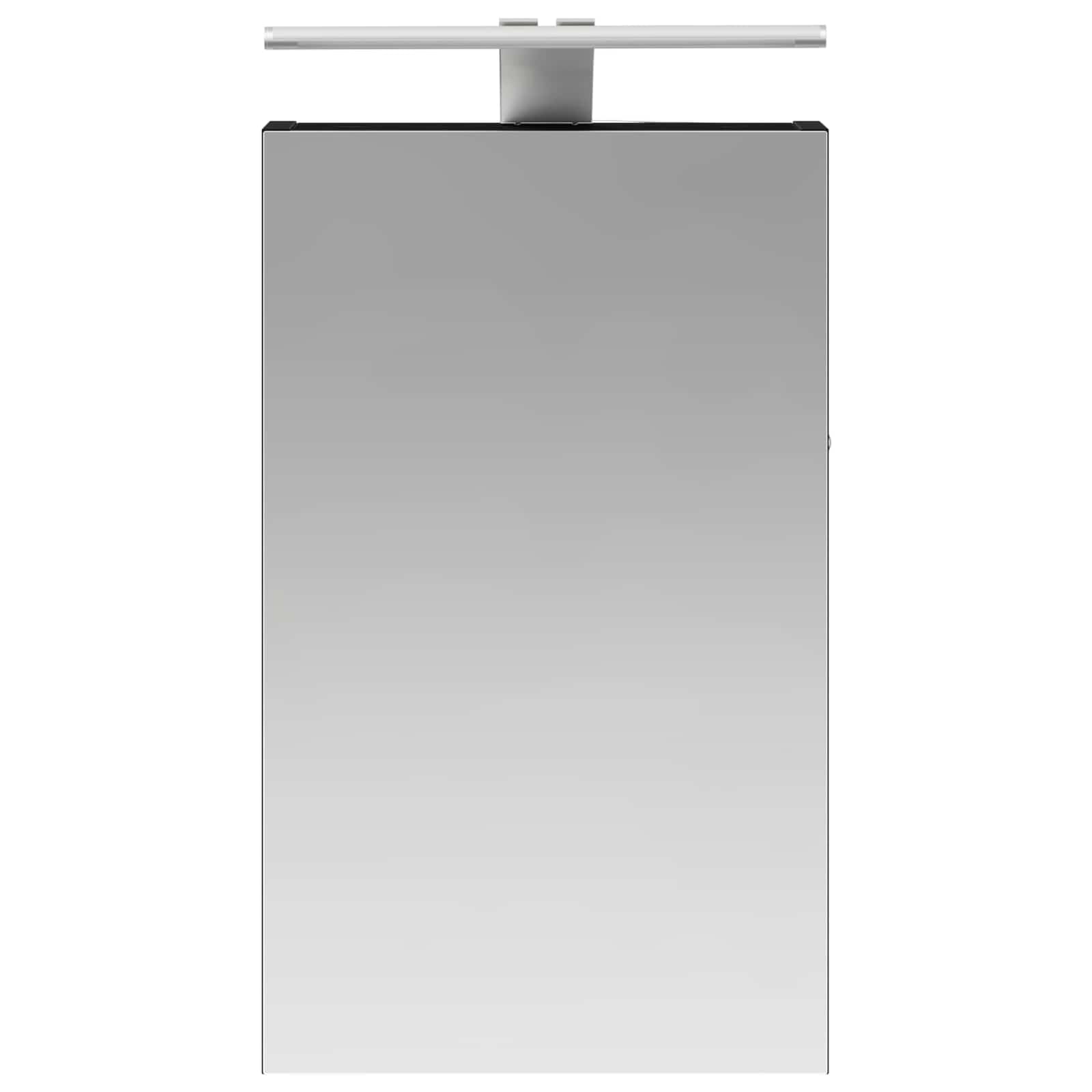 Szafka łazienkowa z lustrem w kolorze czarnym o wyglądzie dębu, 30 x 10,5 x 50 cm, materiał drewnopochodny z dwukierunkowym lustrem, montaż na ścianie, paski LED, schowek, regał, drzwi
