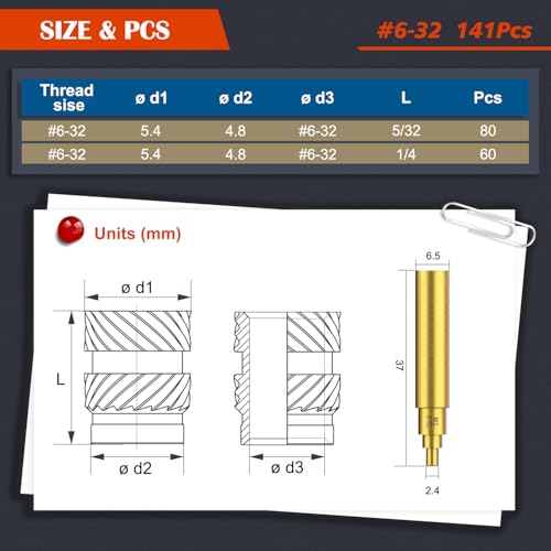 Image of 141Pcs #6-32 Threaded Inserts, Female Thread SAE Knurled Nuts Assortment Kit, Brass Heat Set Insert for Plastic and 3D Printing Components(#6-32, L5 /32xD5.4 and L1 /4xD5.4)