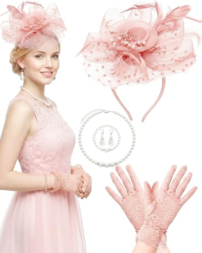 Thstdhy Fascinators Hat for Women Tea Party Fascinator Headband with Gloves Tea Party Accessories for Ladies Blush Pink