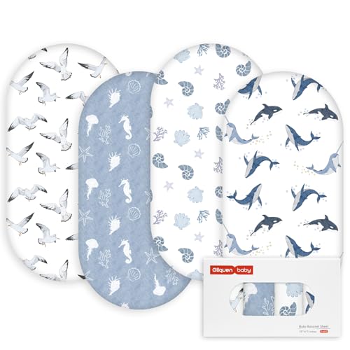 Image of Gllquen Baby Bassinet Sheets 4 Pack, Breathable Cozy Fitted Mattress Sheet | 32 inchx16 inch Soft Baby Sheets for Boys Girls, Compatible with Halo, Snoo, Uppababy, Universal fitted,Baby Gift,