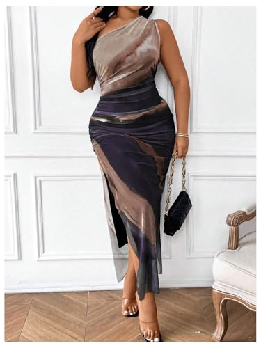 Image of Floerns Women's Plus Size Tie Dye Sleeveless Ruched One Shoulder Slit Evening Maxi Mesh Dresses