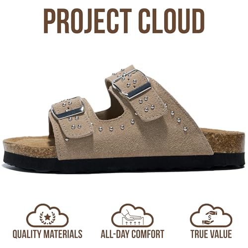 Image of Project Cloud Kids Sandals 100% Genuine Leather - Natural Cork Footbed Non-Slip Slides for Kids - Lightweight Boys & Girls Sandals - Water-Resistant Girls & Boys Sandals