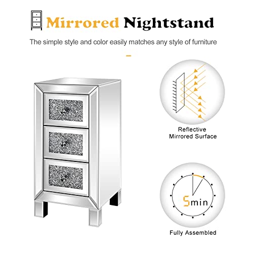 Image of VINGLI 3-Drawer Mirrored Nightstand Bedside Table Glass Accent End Table, Fully Assembled, Silver