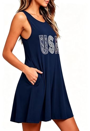 Image of Roshop Womens Juneteenth Flag Sleeveless Dress 4th of July Patriotic Swing Sundress with Pockets