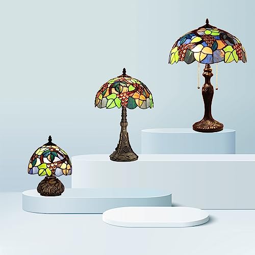 Zjart Small Tiffany Lamp Stained Glass Green Grape Style Table Lamp W8H11 Inch Bronze Mushroom Type Lamp Mini Accent Lamp Decor Bedroom Study Living Room Office #TOP4