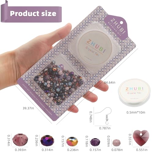 ZHUBI - Kit de Contas de Cristal Roxo - 600 Peças - Inclui Pingentes e Corda Elástica - Ideal para J