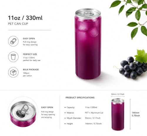 Image of 11 oz Slim PET Plastic Can Cups with Easy Open Lids, 100 Pack, Clear Disposable Beverage Cups, Compatible with 55mm Cup Diameter Can Sealing Machines for Juice, Soda, Iced Coffee and Bubble Tea