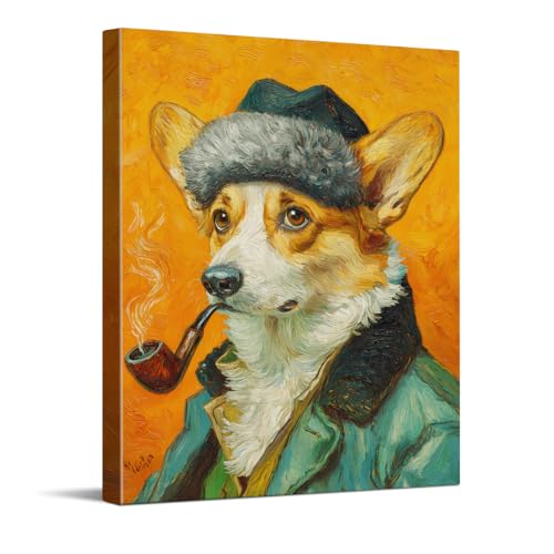 WOXZQ Funny Dog Wall Art Corgi in Von Gogh Style Portriat Print Vintage Whimsical Animal Wrapped Canvas Painting for Bedroom Living Room Bathroom Decor 8x10 Inch
