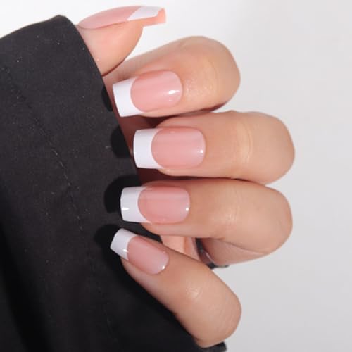 24 Pcs Natural French Tips, Glossy Clear Nude Pink Press on Nails False Nails, Beauty Manicure Reusable UV Gel Fake Finger Nail Art for Daily Office Party