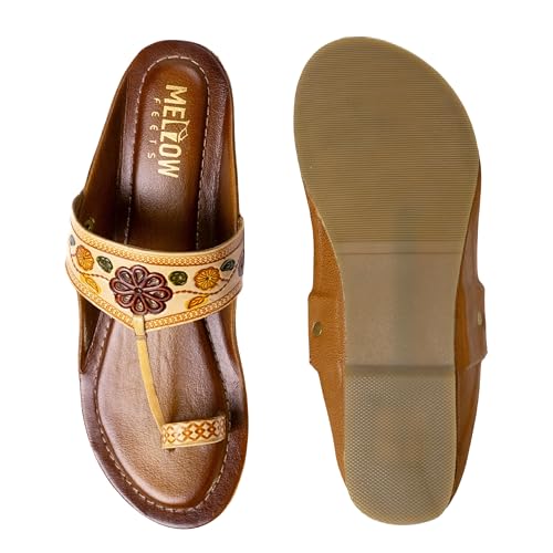 Image of Women Ladies Kolhapuri Genuine Leather Chappal Flats - Slip on Traditional Handcrafted Ethnic and Casual Toe Ring Sandals