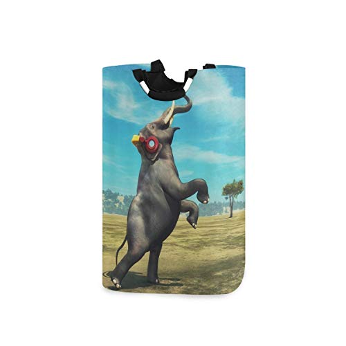 Wäschesack,Afrikanische Elefanten Safari Wildtiere mit Kopfhörern tanzen ländliches Feld,Wäschesammler Wäschekorb Faltbarer Aufbewahrungskorb