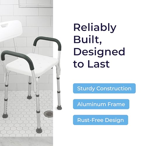 Image of Drive Medical Premium Shower Chair with Back and Padded Arms, White | Shower Chair with Back and Padded Arms, Adjustable Height Seating for Safety and Comfort, Supports 350 Pounds