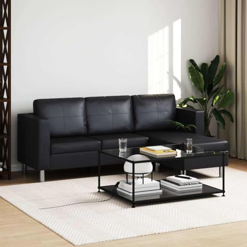 QZZCED Sofá Modular de 3 plazas de Cuero Artificial Negro con Chaise Longue Ajustable, diseño Moderno para Sala de Estar, Asientos amplios y Cojines Gruesos para máximo Confort,