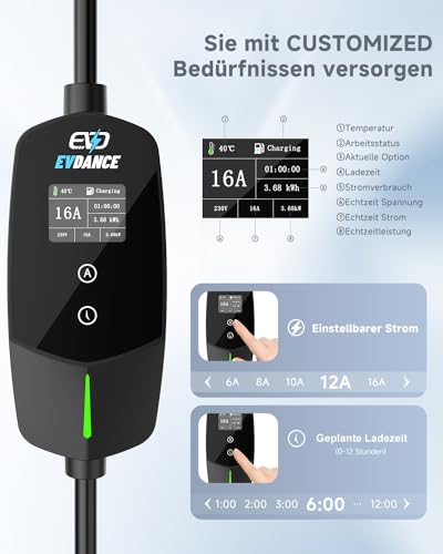 EVDANCE Typ 2 Ladekabel Schuko 3.68kW [1-phasig, 6.1m, 6-16A] Ladekabel Elektroauto mit 0-12h Zeitverzögerung Typ 2 Schuko für Elektroauto & Hybrid (PHEV/EV)