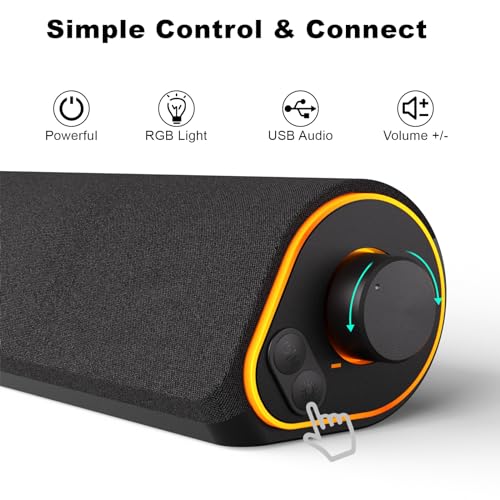 SOULION R50 PC Lautsprecher, Bluetooth & 3,5 mm Computer Lautsprecher, USB Betrieben, Bunte Lichter, Soundbar mit Schalter für PC, Laptop, Tablet, Monitor, Smartphone, 42x7x9cm, Schwarz
