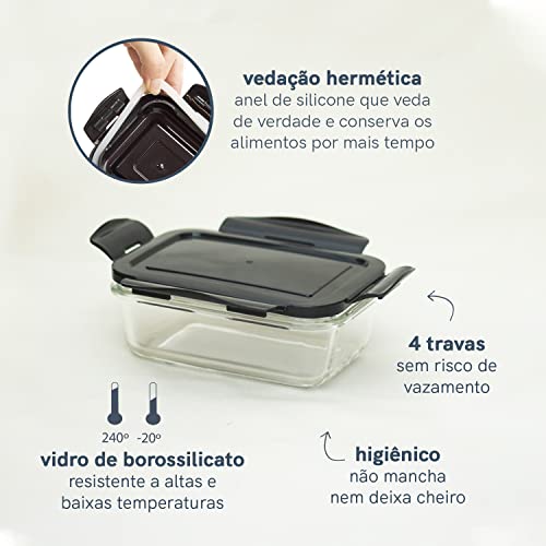 Pote 570ml de Vidro com Tampa Colorida Retangular Hermético - Oikos