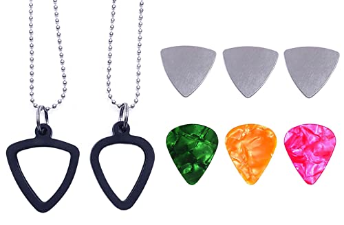 Tuoren 2 Set Guitar Pick Holder Necklace With 3Pcs Stainless Steel Picks 3 Colorful Celluloid Pick For Electric Guitar Bass Ukulele Guitarists Picks Storage Necklace #TOP29