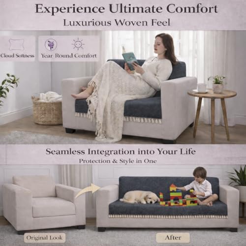 Image of STITCHNEST Beige Chenille Sofa Cover 24x60 Inch - Soft, Durable & Textured Fabric with Tassels | Full Coverage Sofa for Living Room, Bedroom, or Drawing Room