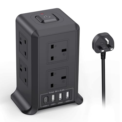 Tower Extension Leads with 4 USB Slots, 5M Extension Lead with 8 Way Plug Extension Tower, Surge Protected Extension Lead with Switch, Multi Socket Extension Cord for Home, Office