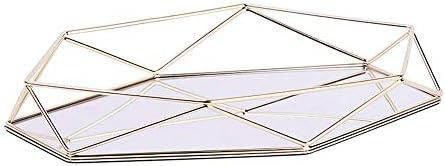 BALANSOHO Metal Mirrored Ornate Decorative Tray Rose-Gold Luxury Three-Dimensional Storage Tray Hexagonal Desktop Nordic Simple Style Cosmetic Jewelry Box Organizer (Gold)