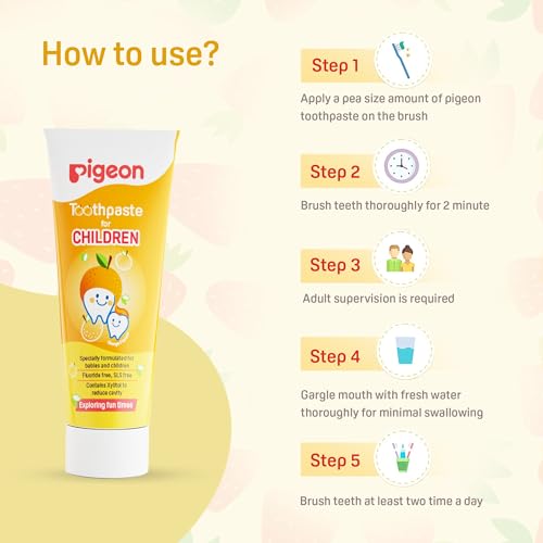 Image of Pigeon Children Orange Toothpaste 45 g | Gentle Daily Oral Care for Kids | pH-Balanced Formula | Mild Orange Flavour