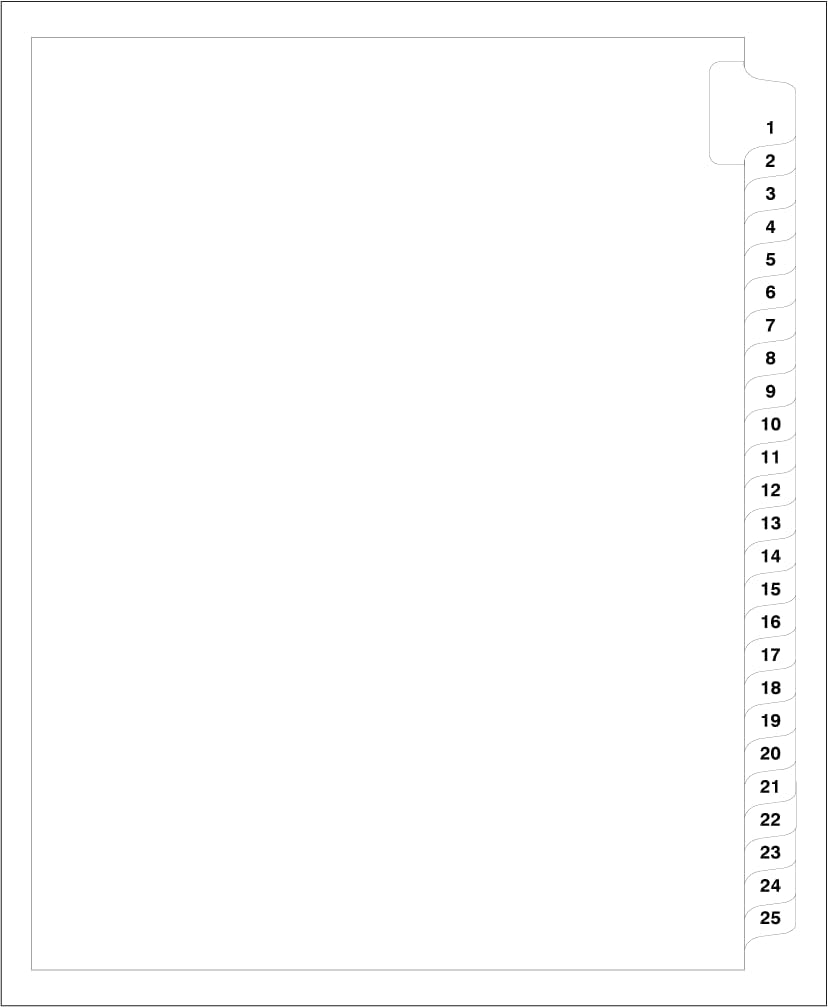 Compatible Letter Size Side Tab Dividers, Legal Tab Dividers, White Paper No Holes, Collated Legal Tab 1-25 Tab Set, 2/Sets Minimum
